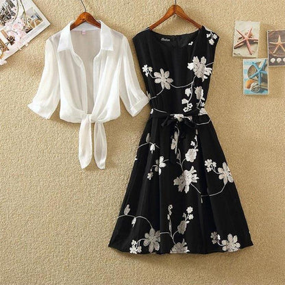 2-Pcs Suit Retro Print Little Black Dress High Waist Sleeveless Slim A-line Skirt Two Piece Dress