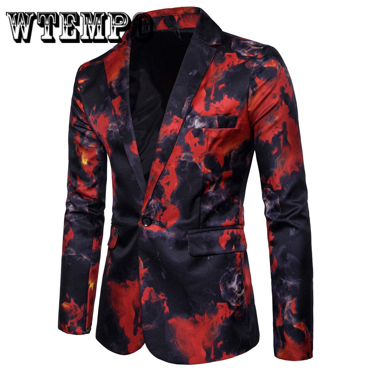 Men's Business Casual Suit with Red and Blue Flame Print Suit Dress Costume Cotton Fabric