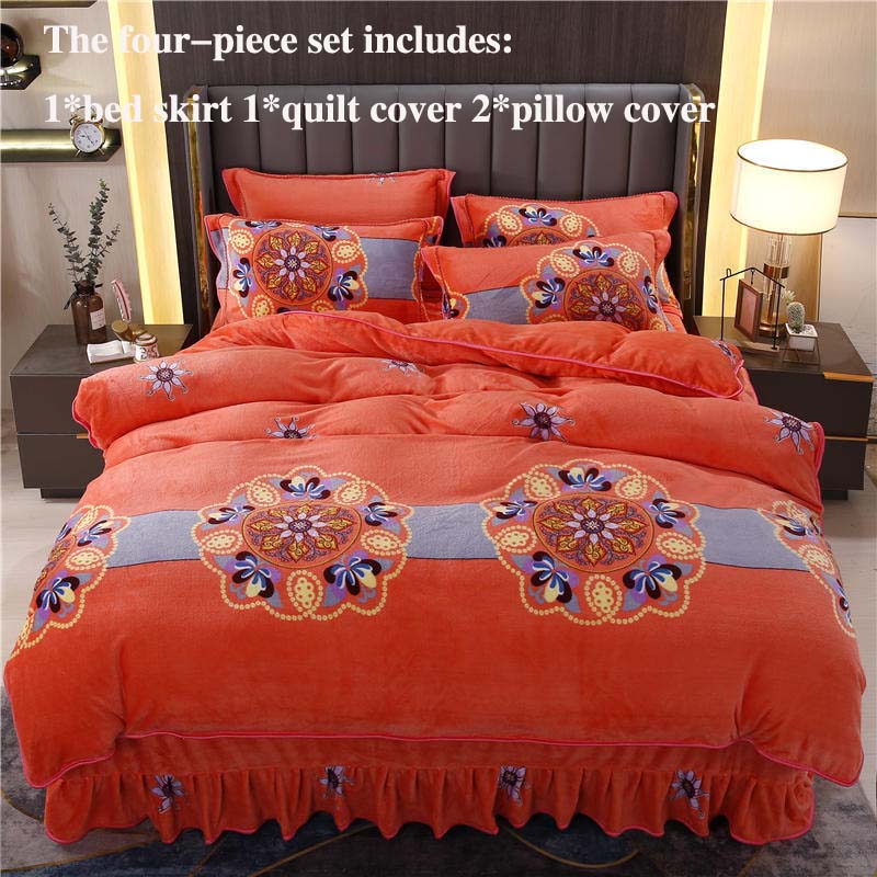 Milk Velvet Thick Bed Skirt Four-piece Quilt Cover Pillowcase Bed Skirt Set Household Bedding