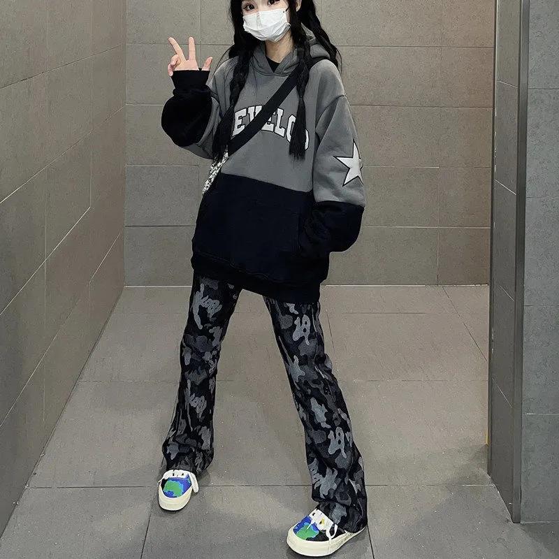 American Retro HIPHOP Printed Jeans Men and Women Hip Hop High Waist Loose Straight Micro-hm Pants