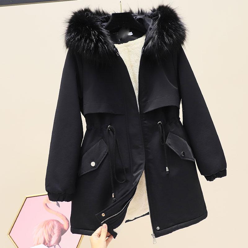 Imitation Hair Parker Overcoming Women's Mid-length Plus Velvet Thick Hooded Waist Waist Tooling Cotton-padded Jacket