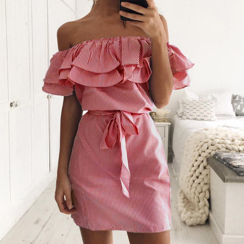 Large Size Women's Summer Dress One-shoulder Fashion Ruffled Striped Loose Waist Dress Casual Strapless