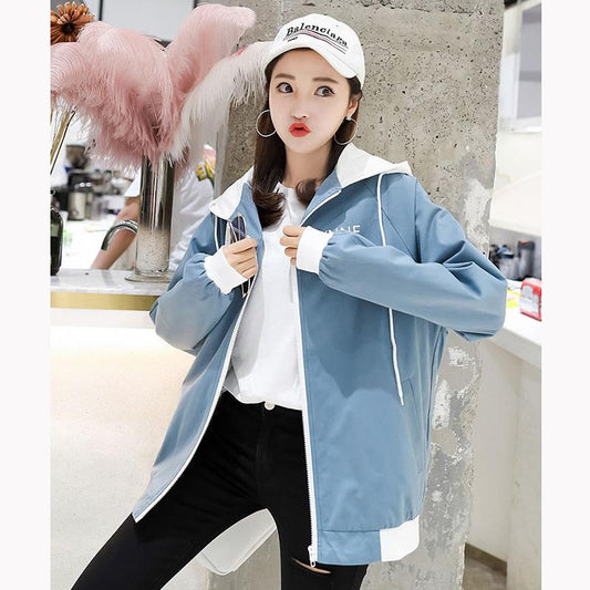 Spring and Autumn Short Hooded Jacket Womens' Letter Printed Double Lining Loose Thin Jacket Cardigan Top Double Layer Lining