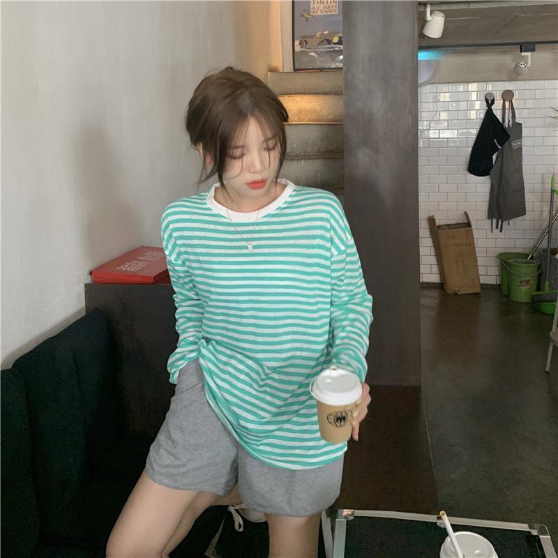 Fall Version of striped Loose Simple Long-sleeved T-shirt Women Simple top Blouse Tee