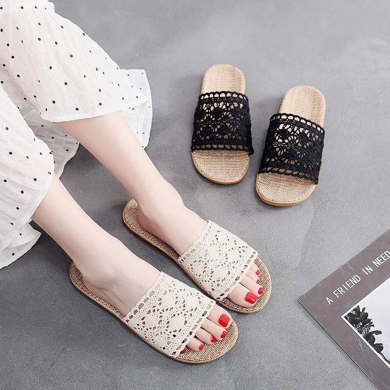 Lace Home Linen Slippers Four Seasons Summer Women's Indoor Non-slip Household Wooden Floor Mute Small Fragrance Sandals and Slippers