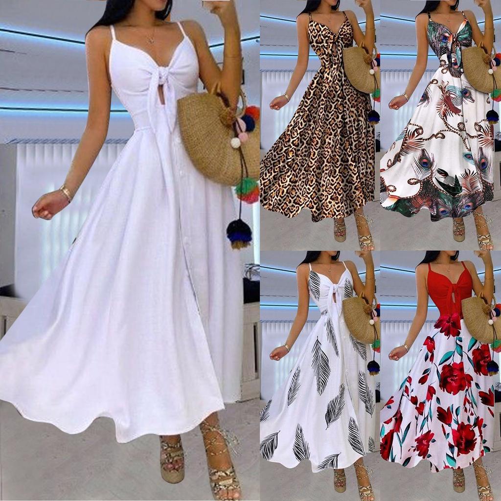 Women Button Casual Sleeveless Camis Vest V-Neck Ladies Long Dress