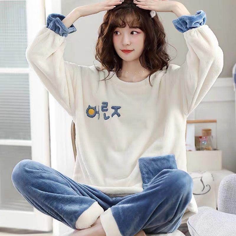 Winter Thickened Warm Pants Suit Autumn and Winter Coral Fleece Warm Loose Large Size Women's Pajamas