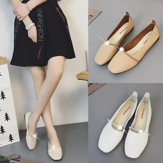 Women's Shoes Single Shoes Flat Shoes Women's Pearl Shoes Square Toe Shallow Mouth Flat Heel Shoes Soft Leather Slip-on Shoes