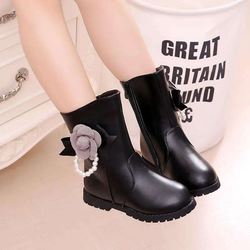 Girls' Boots Autumn and Winter Solid Color Flower Martin Boots Plush Warm Pearls Princess Snow Boots