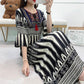 Ethnic Style Round Neck Three-quarter Sleeve Dress Retro Elastic Waist Ruffled Large Swing Skirt Holiday Travel Long Skirt Large Size Women's Clothing