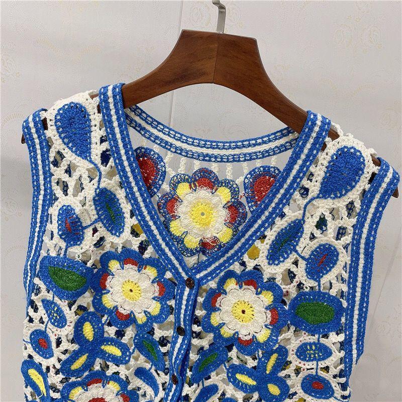 Flower Embroidery Hollow Design Retro Style V-neck Sleeveless Waistcoat  Women's Spring and Summer