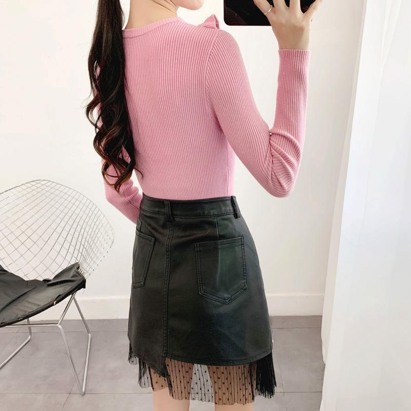 Sweater Women's Ruffled Collar Pullover Knitwear Korean Style Slim Solid Color Top Trendy Sweater Autumn and Winter Lady Style