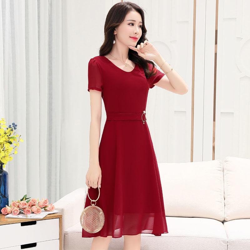 Pure Color Chiffon Dress Women's Spring Summer Short-sleeved V-neck Slim Mid-length Dress