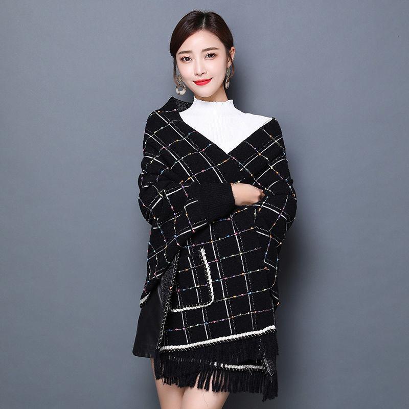 Women's Shawl with Sleeves Autumn and Winter Knitting Waterproof Mink Fleece Slim Slimming Outer Thick Plaid High-end Cloak Temperament Wrap