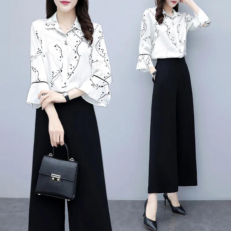 Spring and Summer New Women's Suits Temperament Ladies Chiffon Bell-sleeved Shirts Tops Wide-leg Pants Two-piece Women's