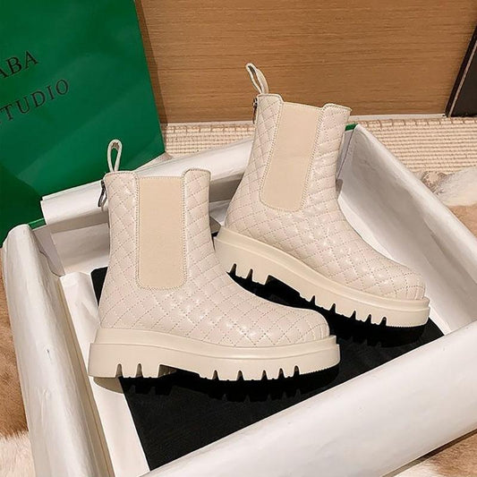 Fur Snow Boots Women's Thick-soled Plus Velvet Warm Cotton Boots In Tube Martin Boots Leather Back Zipper Diamond Short Boots