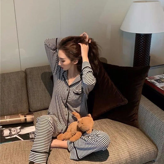 Striped Pajamas Set Two-piece Set Ladies Spring Autumn Long-sleeves Cardigan Shirt Pants Loose Casual Outerwear Home Wear Suit