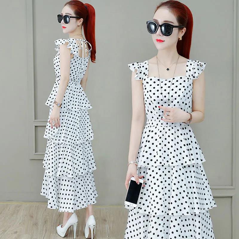 Women's Summer Dress Chiffon Polka Dot Square Collar Sleeveless Long Dress