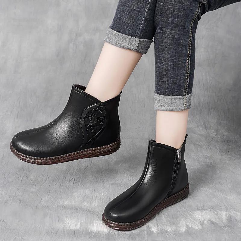 Plus Velvet Padded Cotton Shoes Short Boots Retro Anti-slip Tendon Bottom Real Soft Leather Boots Women