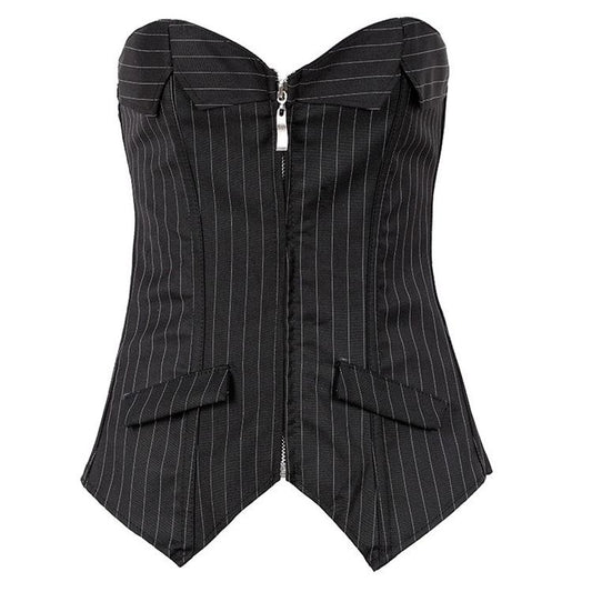Elegant Black Chest Tights Corset Suit Sexy White Collar Business Wear Steel Boned Corsets Training