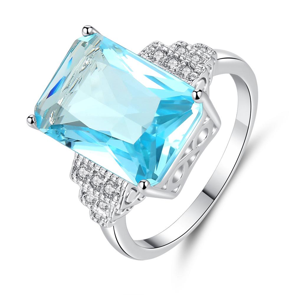 Amazon Fashion Creative Engagement Ring Aquamarine Topaz Ring Manufacturer Wholesale Four-Claw Aquamarine Zircon Ring