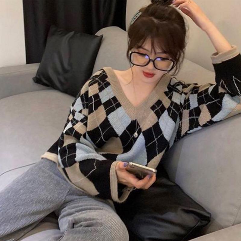 Pofulove Lazy Sweater Girl Student Korean Loose Autumn Winter Warm V-Neck Diamond Plaid Sweater