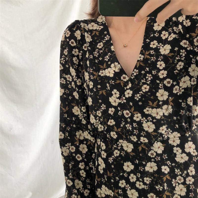 French Temperament Retro V-neck Floral Skirt Female Spring Summer Waist Thinner Over The Knee Chiffon Dress