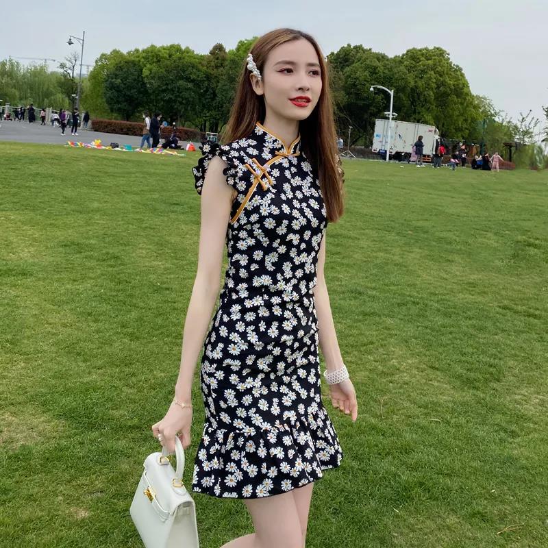 Little Daisy Cheongsam Improved Dress Short Floral Sexy Small Young Girl Daily Wear