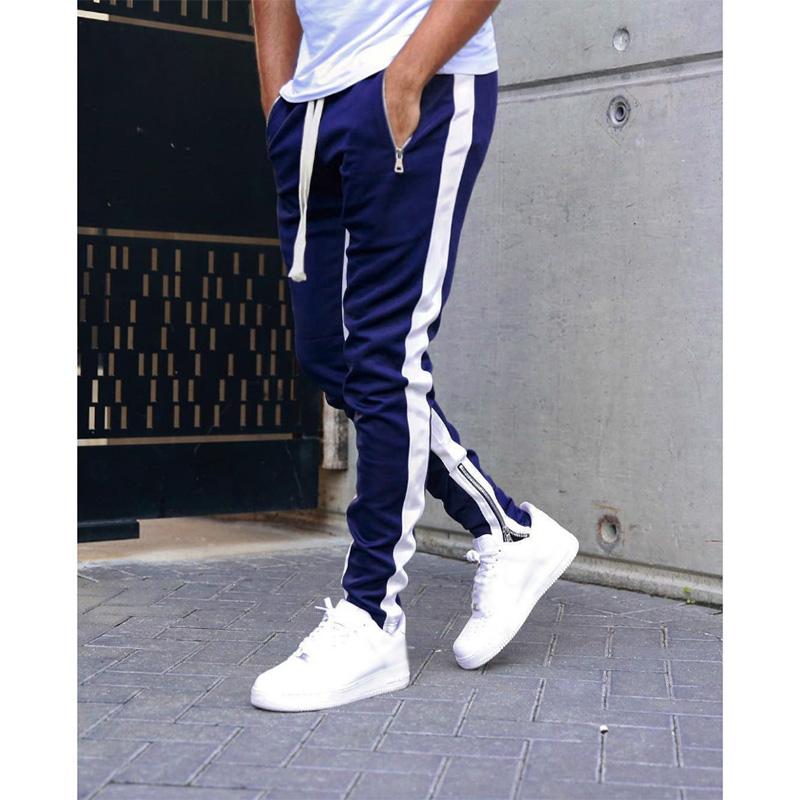Men's Sports Pants Long Pants with Zipper Cotton Color-block Pants Casual Sports Men's Pants