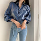 Women Lapel Long Sleeve Elegant Retro Solid Color Satin Korea Blouse