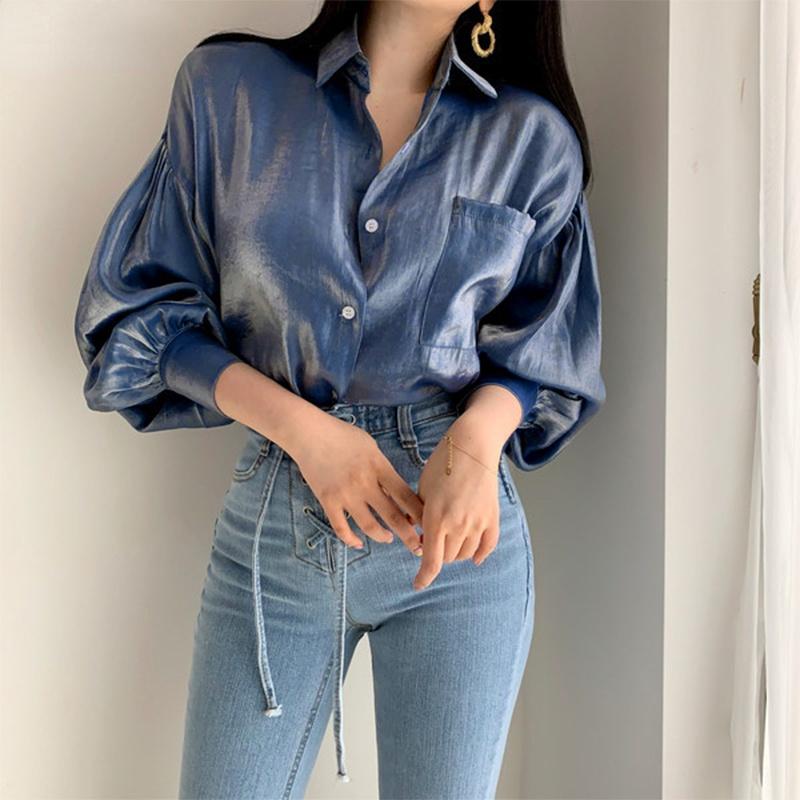 Women Lapel Long Sleeve Elegant Retro Solid Color Satin Korea Blouse