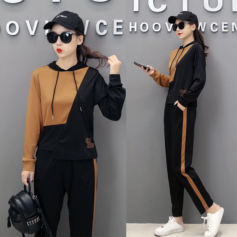 Two Pcs Set Wild Long -Sleeved Casual Sweatshirt Set Large Size Autumn And Winter Women 'S Clothing