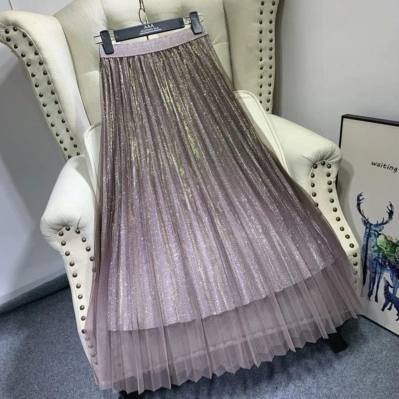 Spring Gradient Mesh Sequin Pleated Skirt Women's Mid-Length A-Line High Waist Skirt Starry Blue Sparkling Mesh Tutu Skirt