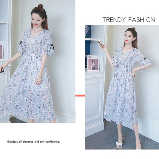Summer Dress Loose Chiffon Floral Small Fresh Summer Mid-length Large Size Chiffon Dress Large Skirt Fabric Light and Breathable
