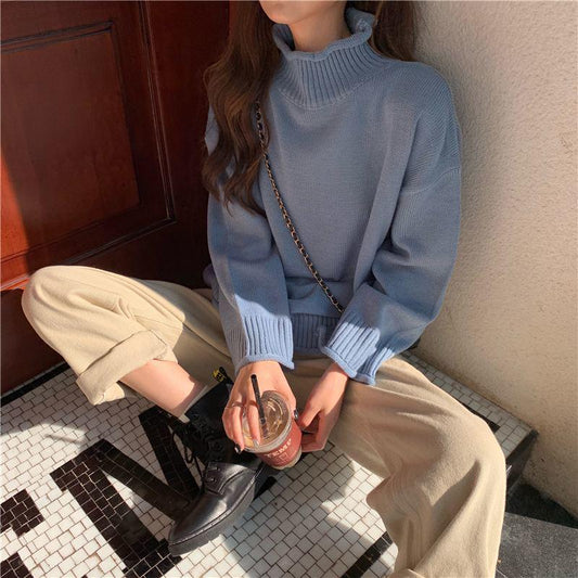 Autumn and Winter Casual Jacket Loose Solid Color Blouse Half High Neck Knitted Young Women Sweater