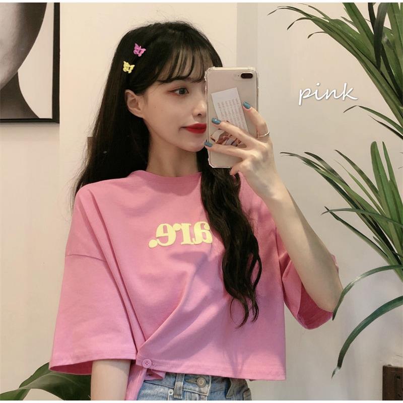 Solid Color Summer Personality  Casual Slim  Round Neck Half Sleeve Asymmetry Women's Fashion Short T-shirt