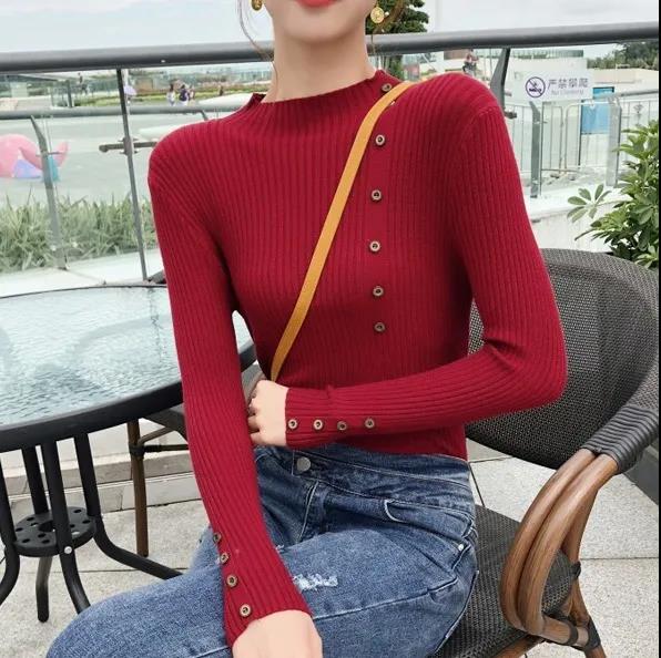 Button Half Turtleneck Sweater Women's Slim Fit Slim Long Sleeve Bottom Shirt Fashion Solid Color Stretch Pullover Large Size