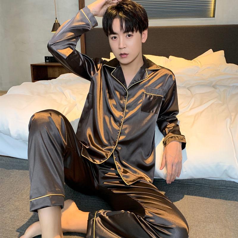 Plus Fat Plus Size Men's Pajamas Spring and Autumn Long-sleeved Ice Silk Thin Korean Home Service Two-piece Suit