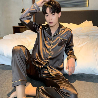 Plus Fat Plus Size Men's Pajamas Spring and Autumn Long-sleeved Ice Silk Thin Korean Home Service Two-piece Suit