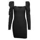 French Palace Style Puff Sleeve Dress Female Retro Temperament Low-cut Deep V Square Neck Sexy Bag Hip Skirt Was Thin