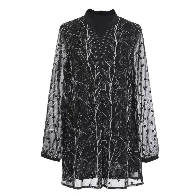 Large Size Chiffon Shirt Fashion Women's Spring and Autumn Style Plus Fertilizer To Increase Long-sleeved Stand-up Collar Loose Shirt