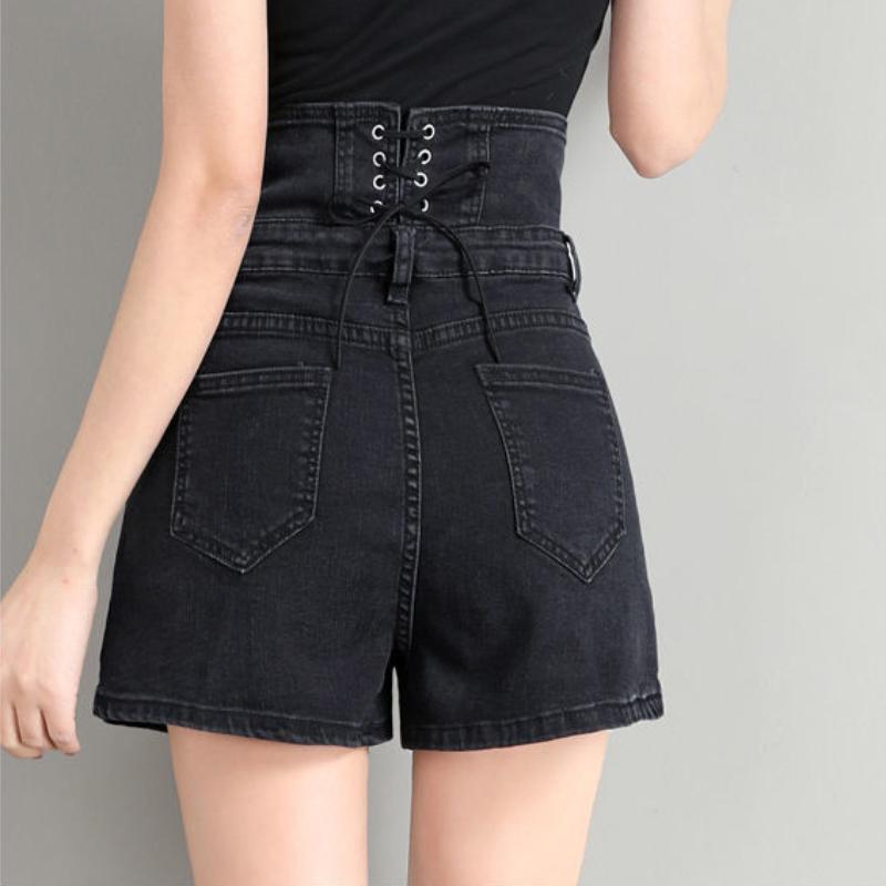 Women's Black Denim Shorts Women's Loose Straight Super High Waist Net Red Was Thin Summer A-line Pants