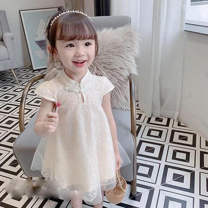 Children Dress Spring Summer Broken Flower Kids Clothing  Baby Girls Clothing Yarn Sleeveless Cheongsam Dress Girl