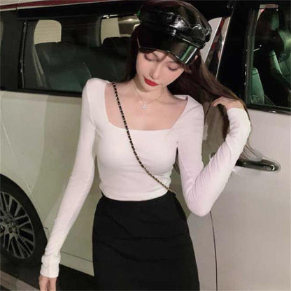 Fall Women Casual Square collar Women Autumn Long sleeve T-Shirt Women Basic Tee Pullover
