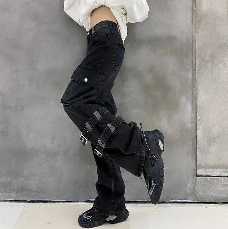 Black Baggy Cargo Pants Tripp Pants - Grunge Goth High Waist Denim Jeans - Wide Leg Punk Mall Goth Trousers
