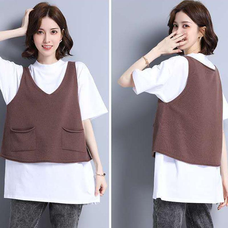 Spring and Autumn Loose Plus Size Vest Solid Color Short Sleeveless Sweater Knitted Outer Wear Women's Top