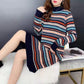Mid-length Retro Ethnic Striped Over-the-knee Sweater Dress Female Net Red Loose Long-sleeved Hooded Pullover Knitted Jacket