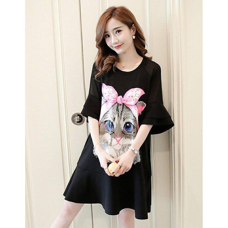 Women's Summer Boho Cute Cat Printed Short Sweet Cotton Linen Mori Girl Dress