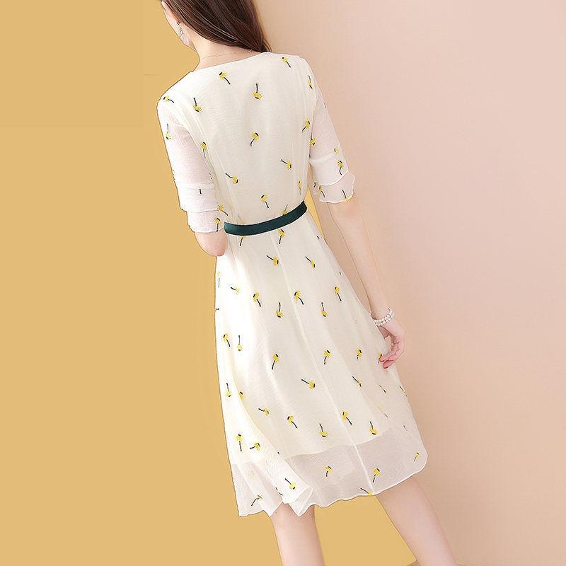 Women Spring Summer Cascading Ruffles Flower Print Dress V Neck Half Sleeve Knee Length Dress Female A Line Party Dress