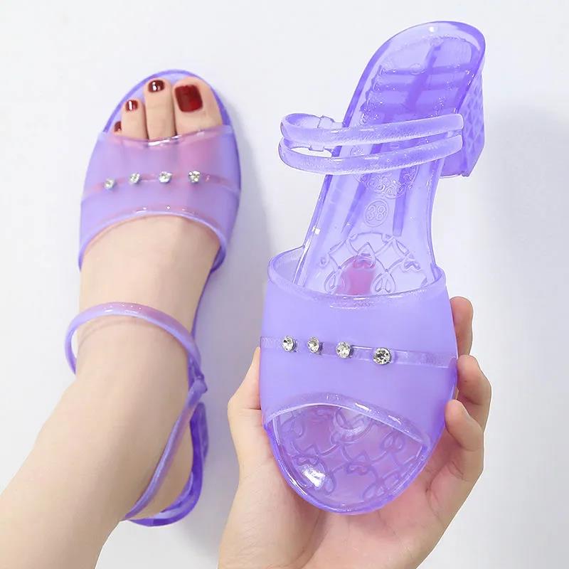 Sandals Women's Summer Mid-heel Crystal Outer Wear Non-slip Beach Heightened Thick Heels